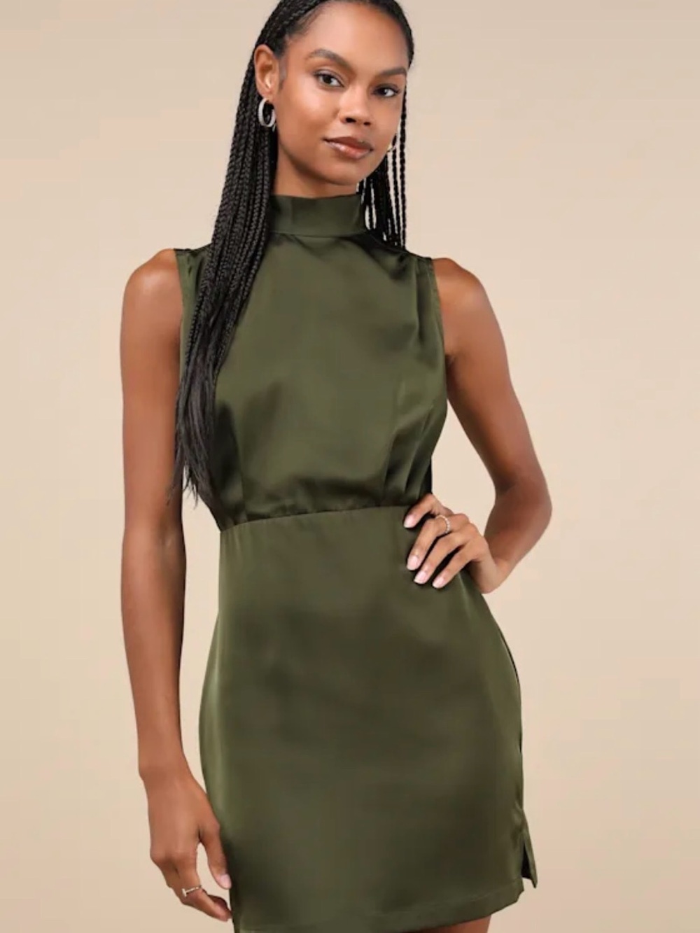 Lulu's Olive Green Satin High-Neck Mini Dress